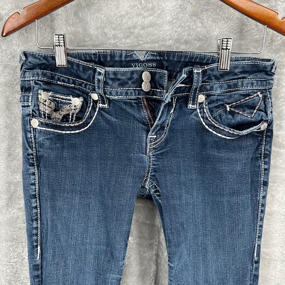 VIGOSS Womens Chelsea Flare Jeans Dark Wash Embellished Pockets Size 5/6 - Picture 10 of 12
